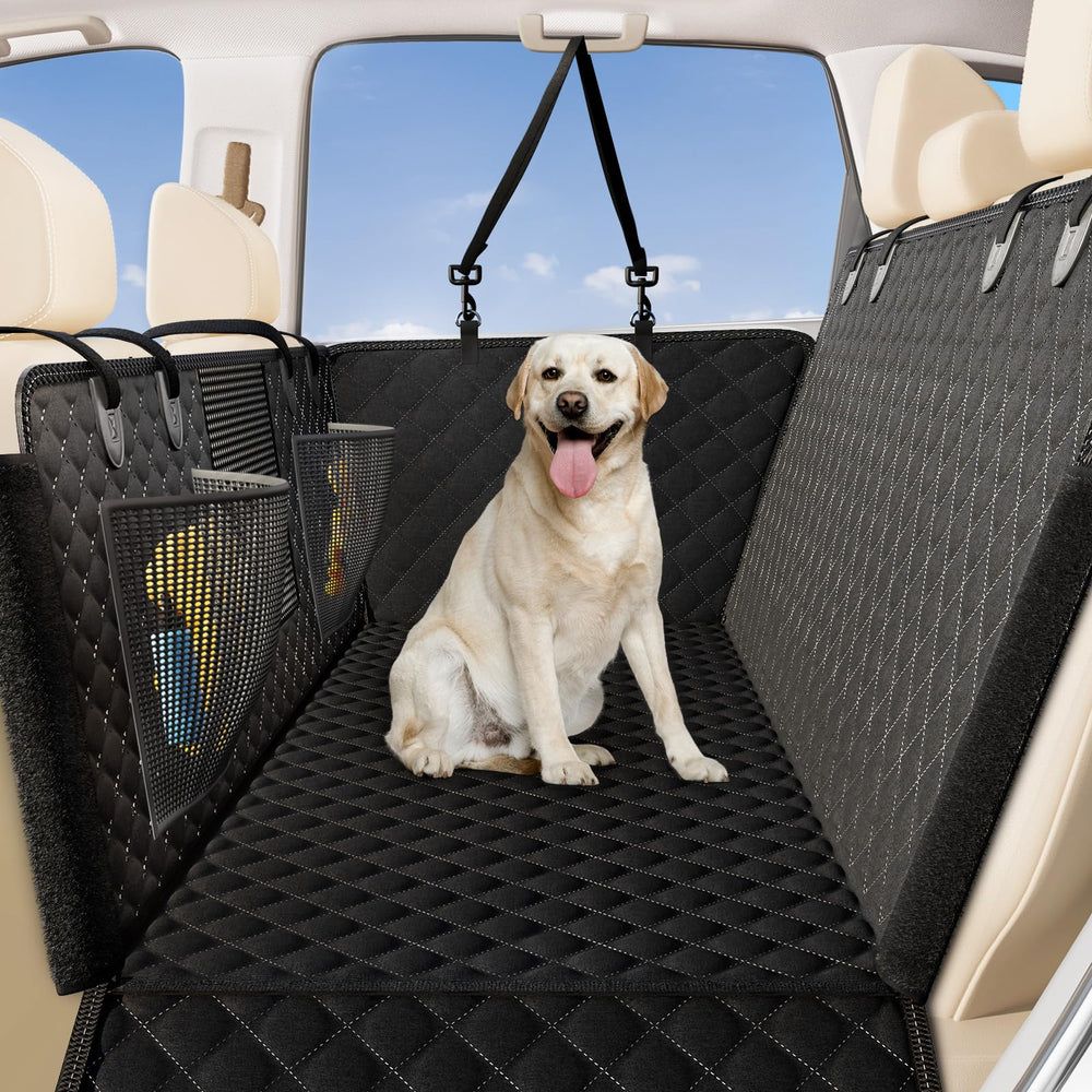 Zanch dog car seat cover in hammock mode protects back seat during pet rides.