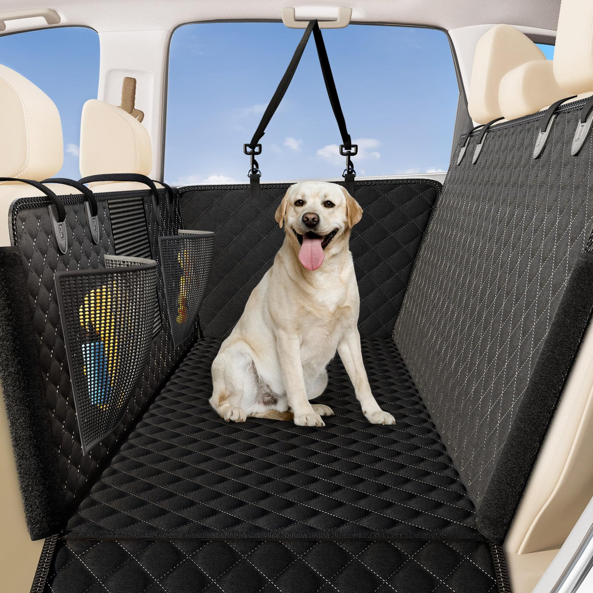 Zanch dog car seat cover in hammock mode protects back seat during pet rides.