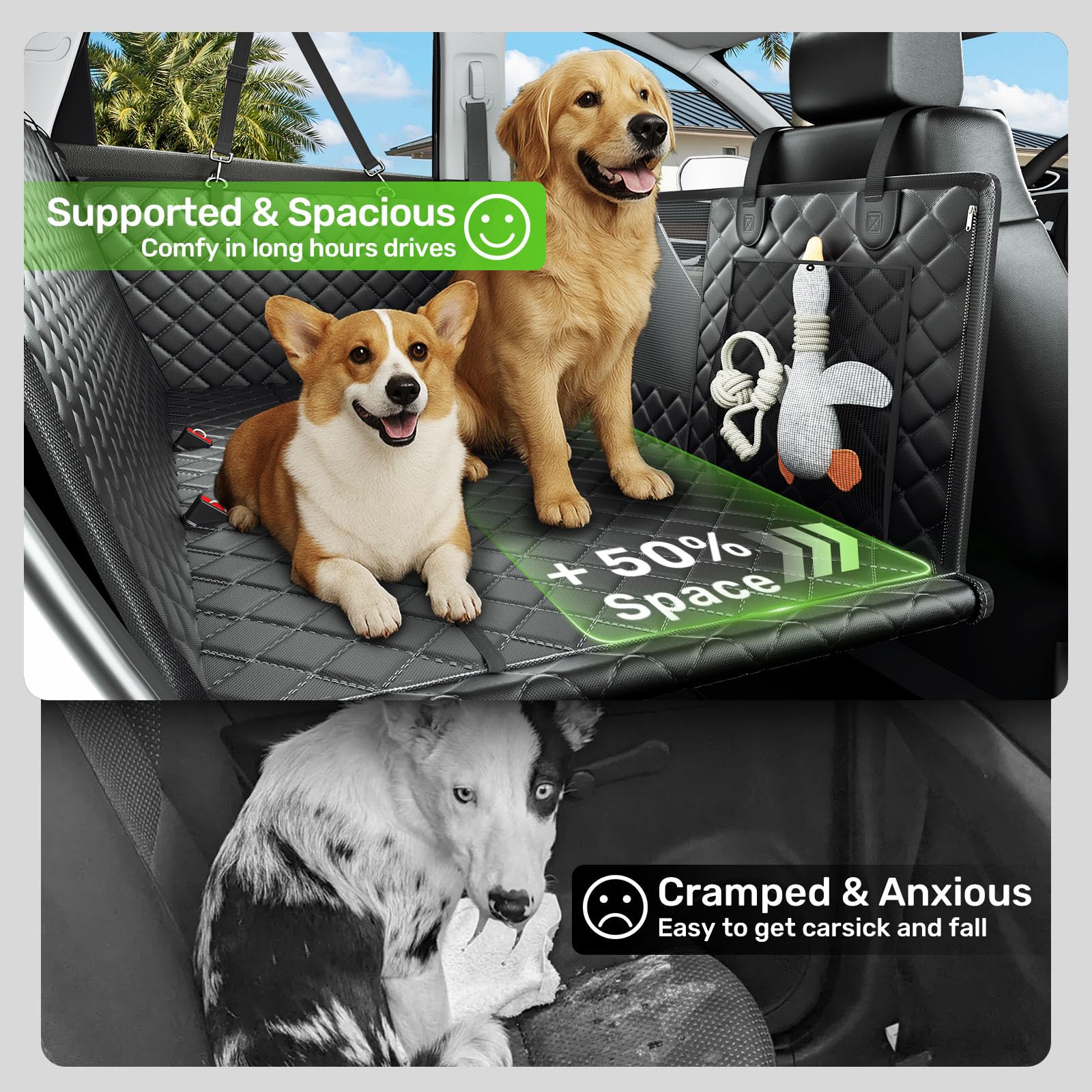 Zanch seat cover anti-collapse honeycomb base keeps dogs steady on long trips