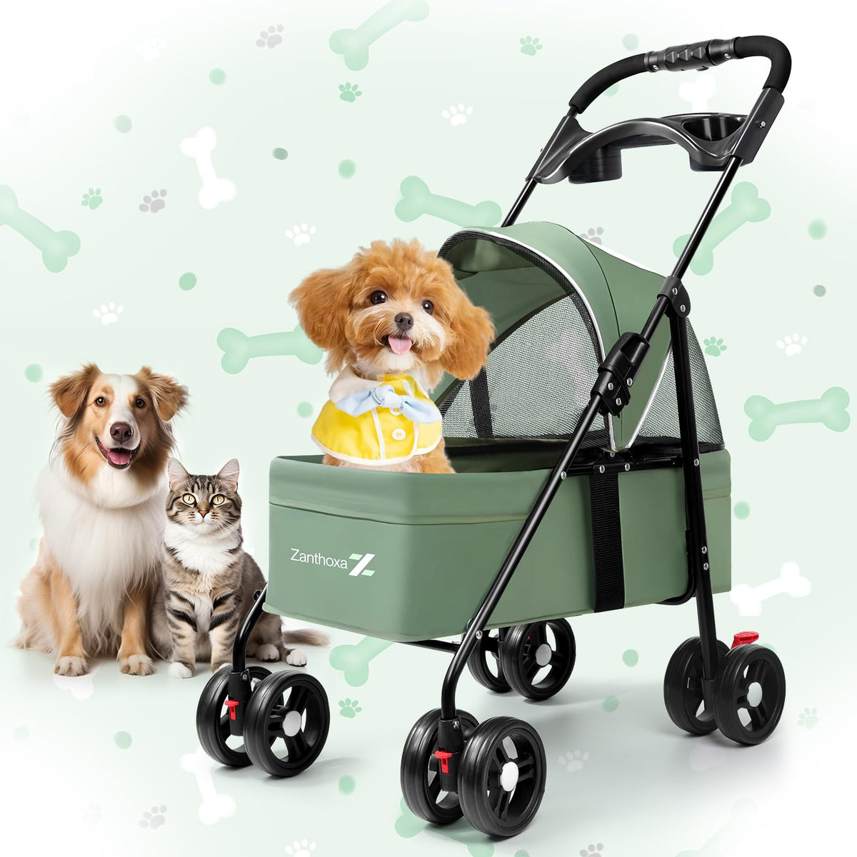 Zanthoxa pet stroller folded compact view shows easy storage for car trips.