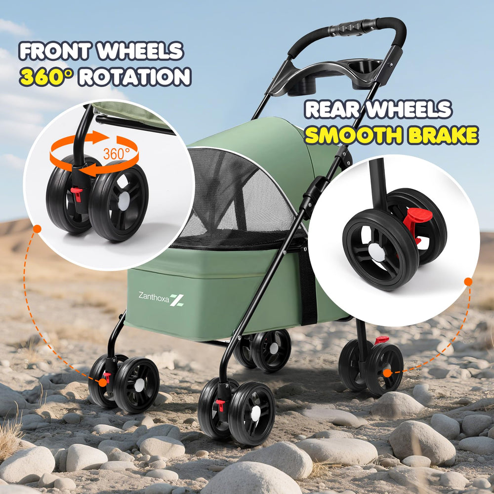 Zanthoxa pet stroller rear brake provides stable parking on slopes and near stores.