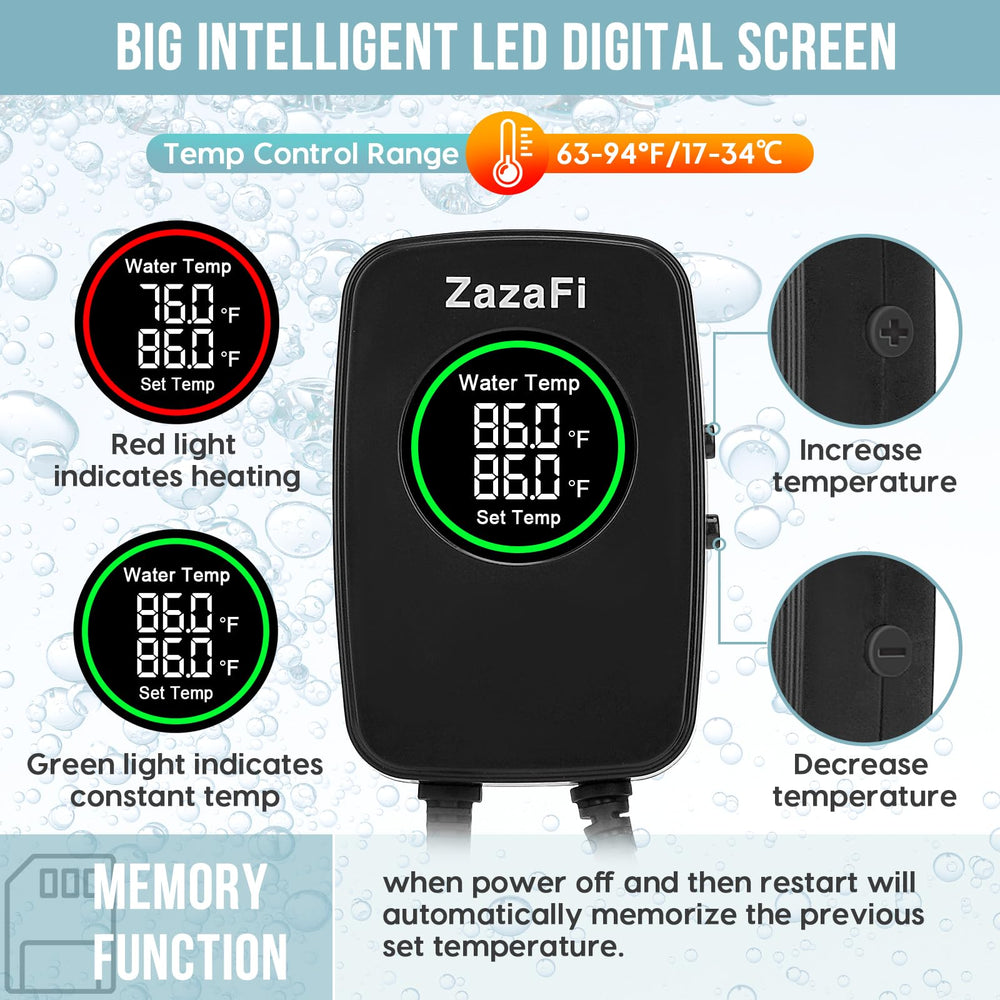 ZazaFi 300W heater with explosion-proof quartz glass ensures safer, longer-lasting tank heating.