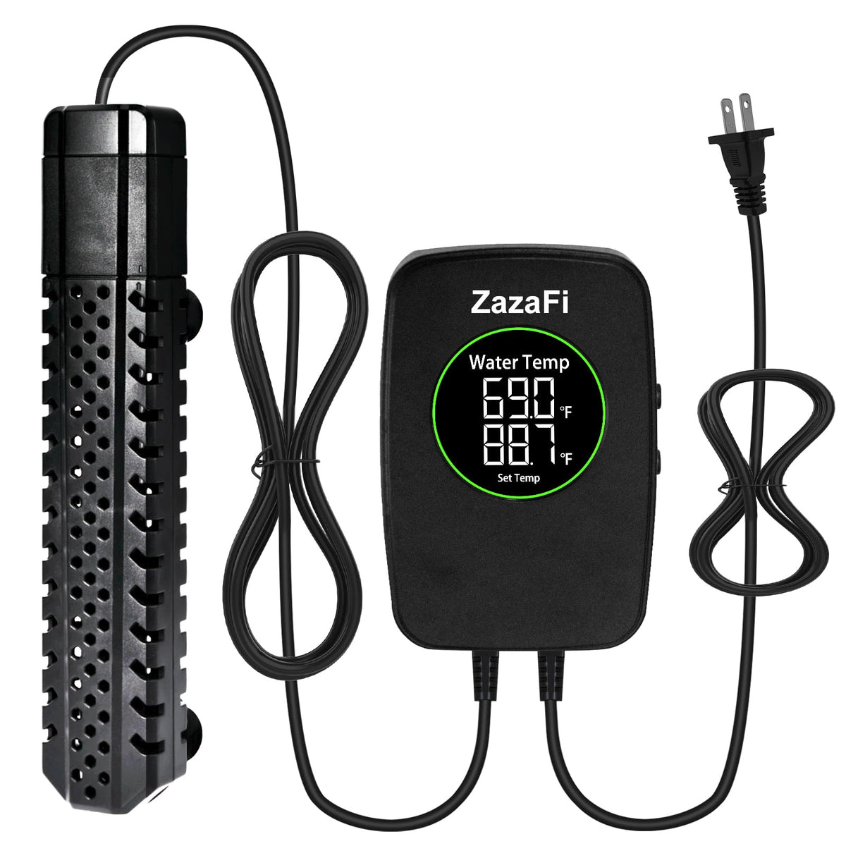 ZazaFi aquarium heater 300W with external digital display showing precise water temperature for easy monitoring.