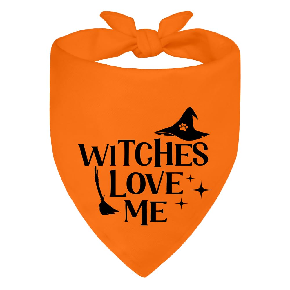 ZBBFSCSB Witches Love Me Orange Bandana front view for festive dog style