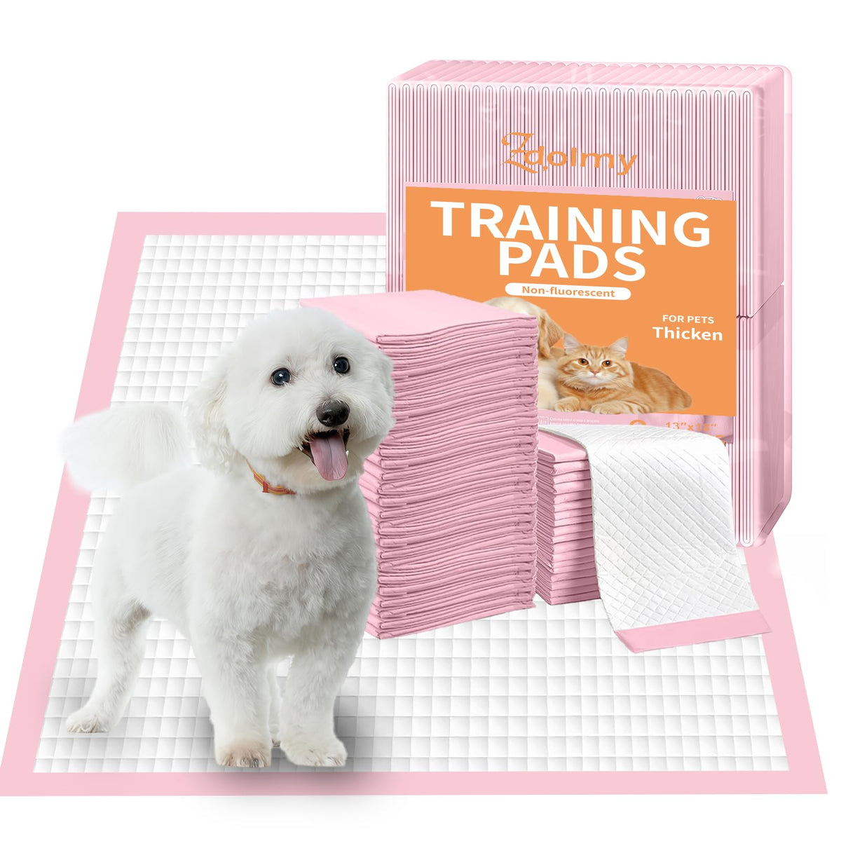 Zdolmy pink 13x18 pet toilet pad packaging shows a bulk 50-count for easy restocking.