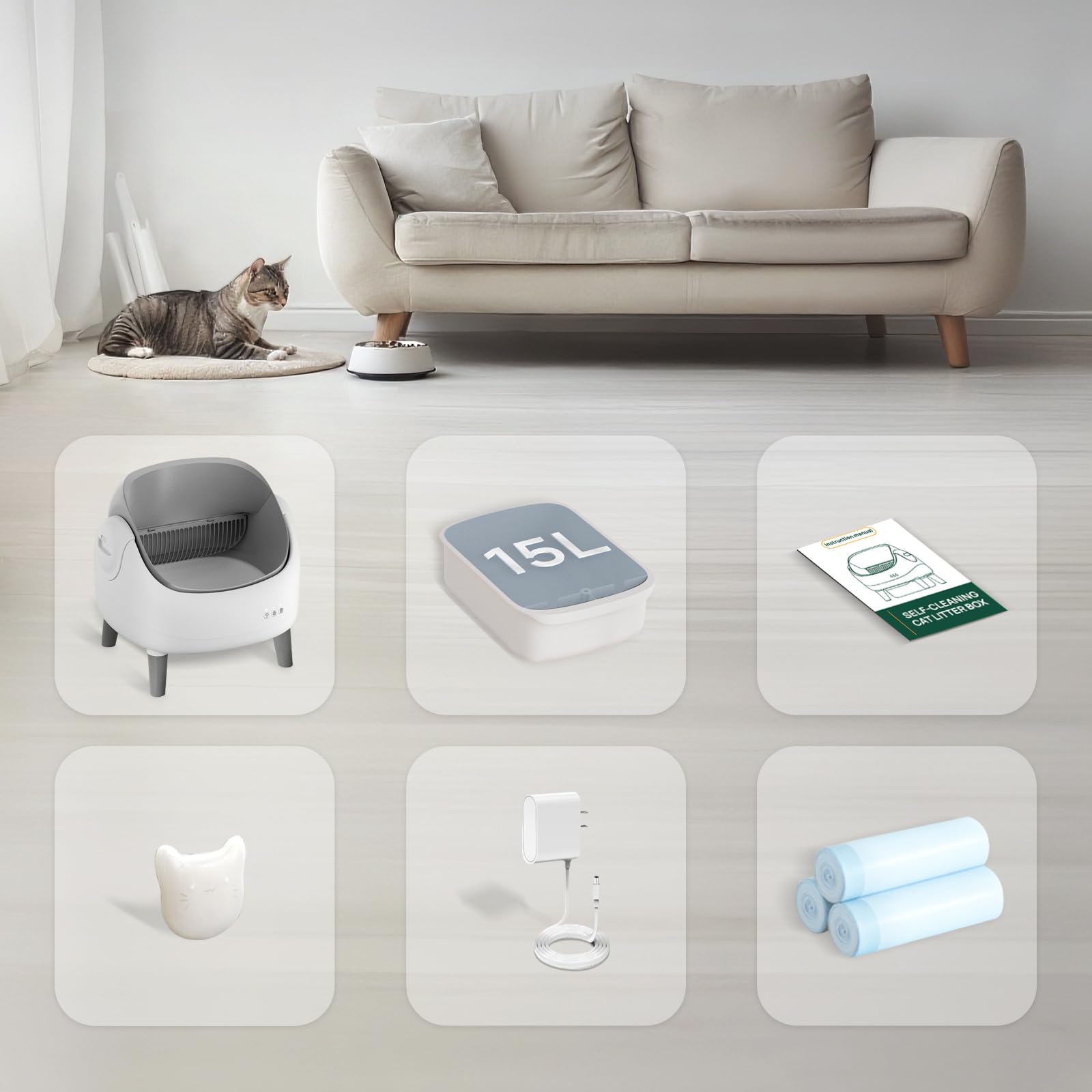 ZeaCotio open-top litter box cleaning process showing detachable liner and filter