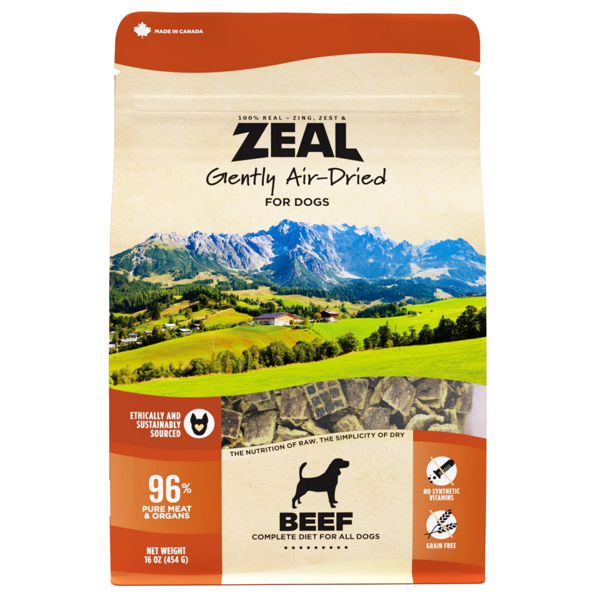 ZEAL Canada Air-Dried Beef Recipe bag front highlights grain-free, complete dog nutrition.