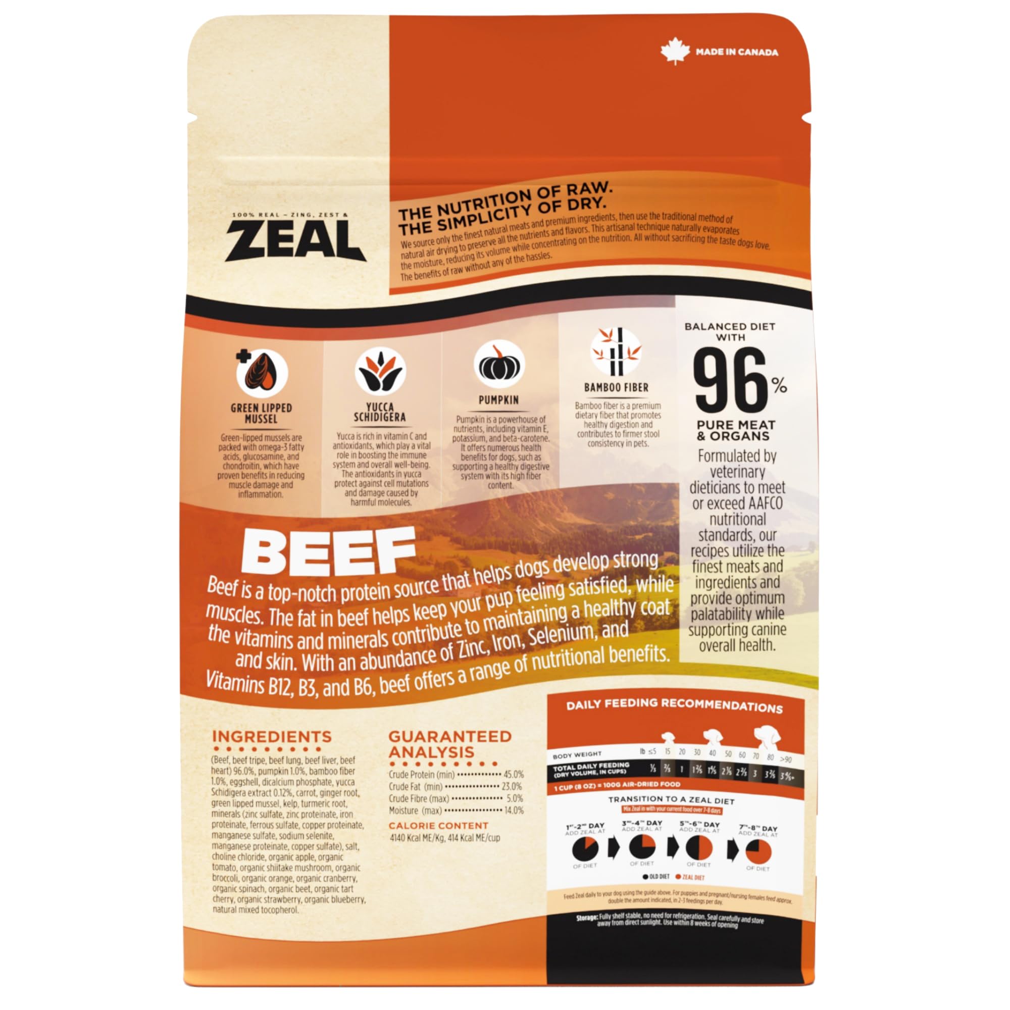 ZEAL Canada Air-Dried Beef Recipe ingredients closeup shows beef and organs for protein-rich nutrition.