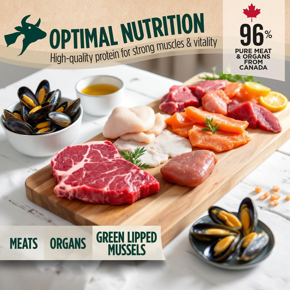 ZEAL Canada air-dried beef recipe ingredients featuring green-lipped mussels and turmeric for joint and inflammation support.