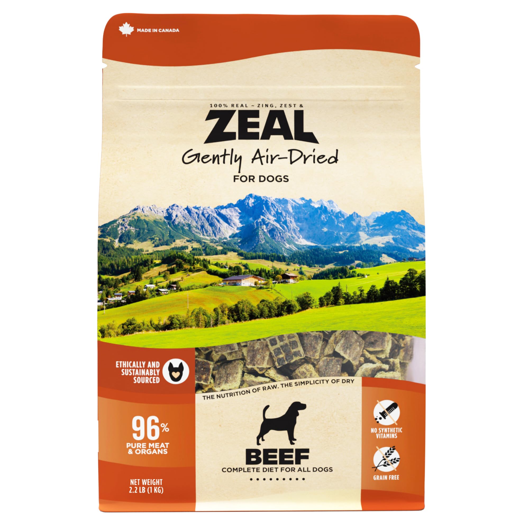ZEAL Canada air-dried beef recipe open bag highlights natural high-protein meal option for dogs.