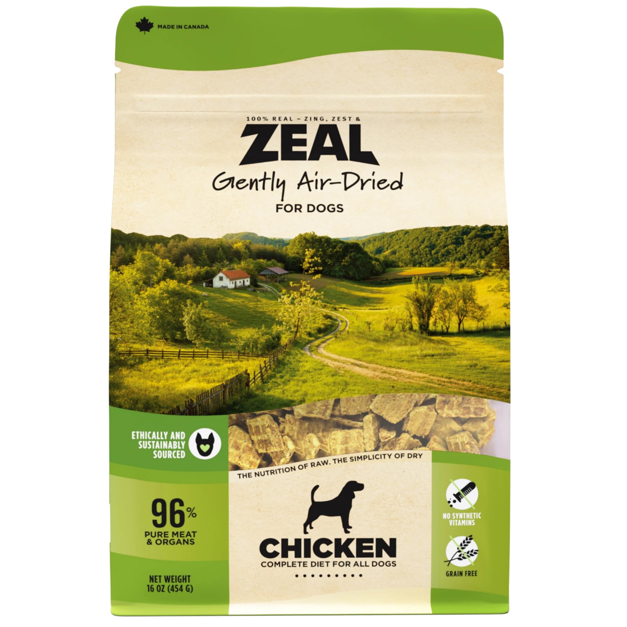 ZEAL Canada air-dried chicken dog meal highlights a high-protein dinner option for active dogs.