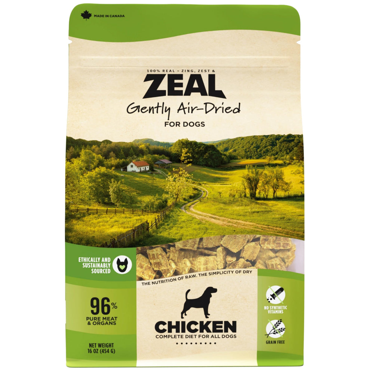 ZEAL Canada air-dried chicken dog meal highlights a high-protein dinner option for active dogs.