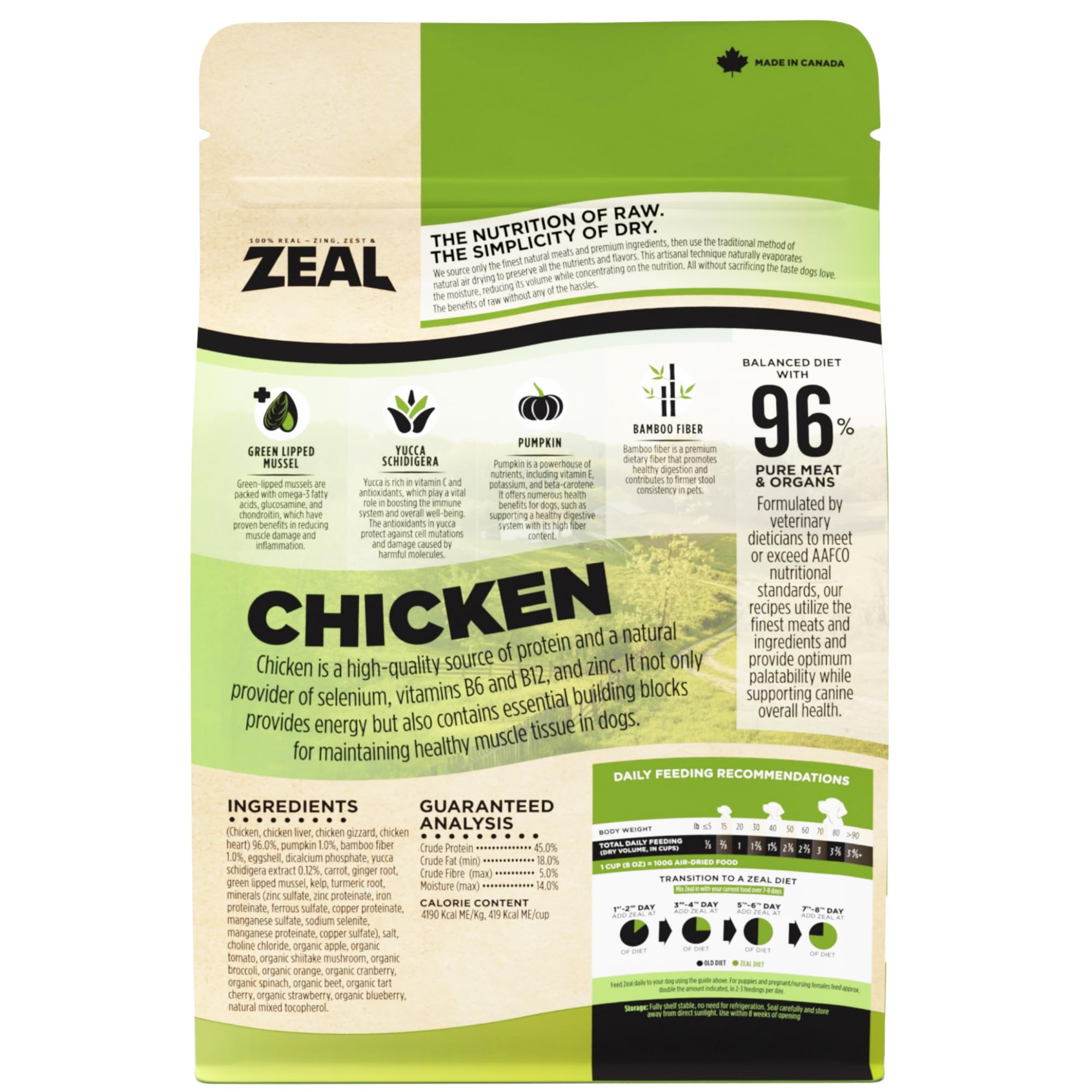 ZEAL Canada air-dried chicken ingredients closeup showcases natural sources supporting balanced nutrition.
