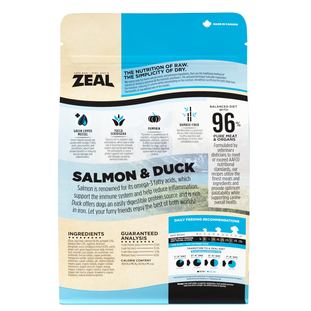 ZEAL Canada air-dried salmon-duck kibble closeup showcases texture and protein richness.
