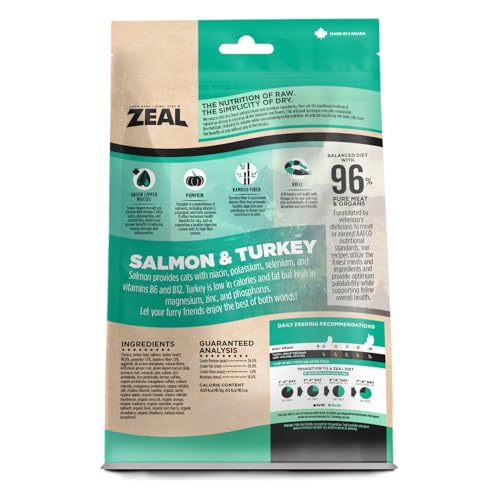 ZEAL Canada salmon-turkey serving close-up emphasizes omega-3 for a glossy coat.
