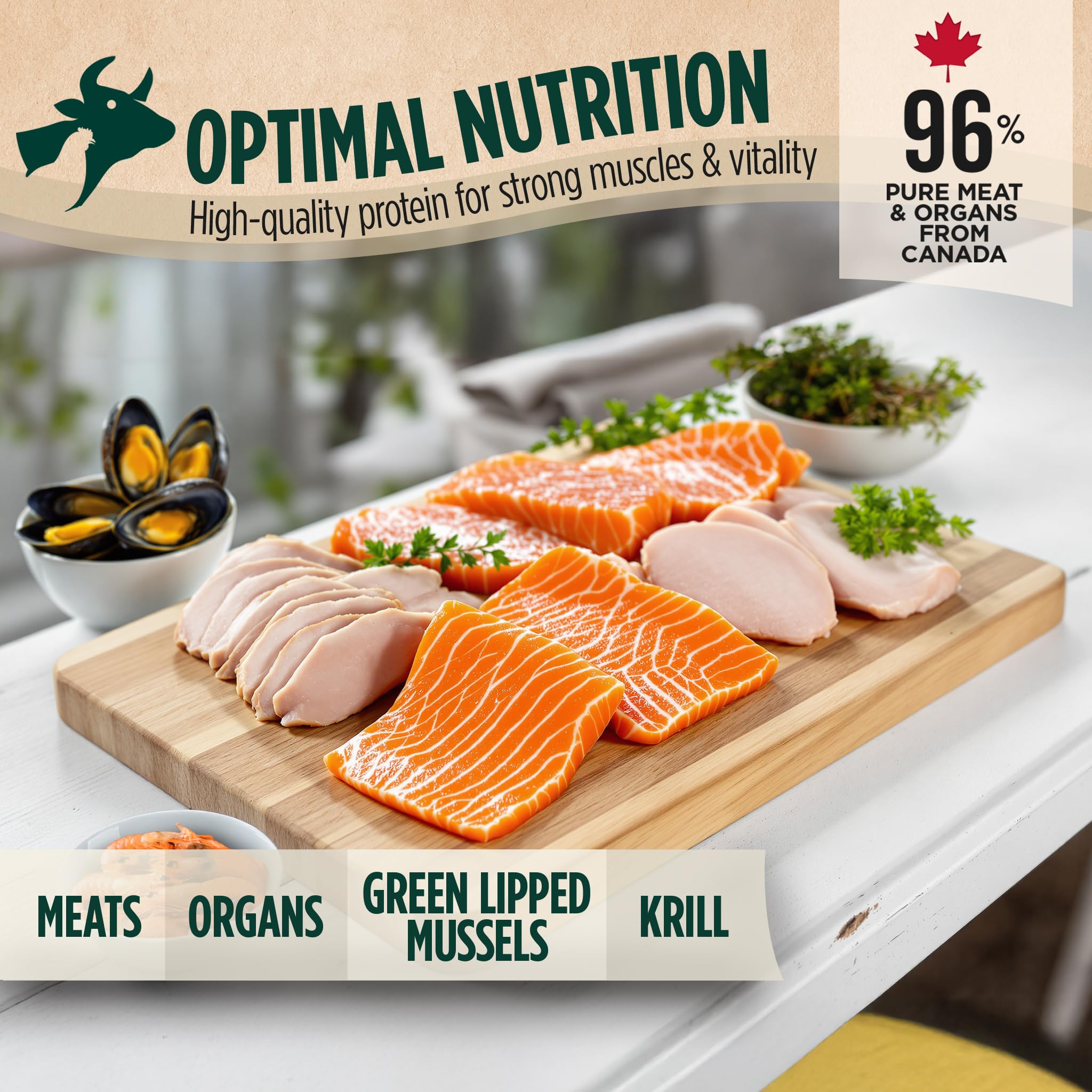 ZEAL Canada ingredients bowl shows krill, mussels, vegetables and pumpkin