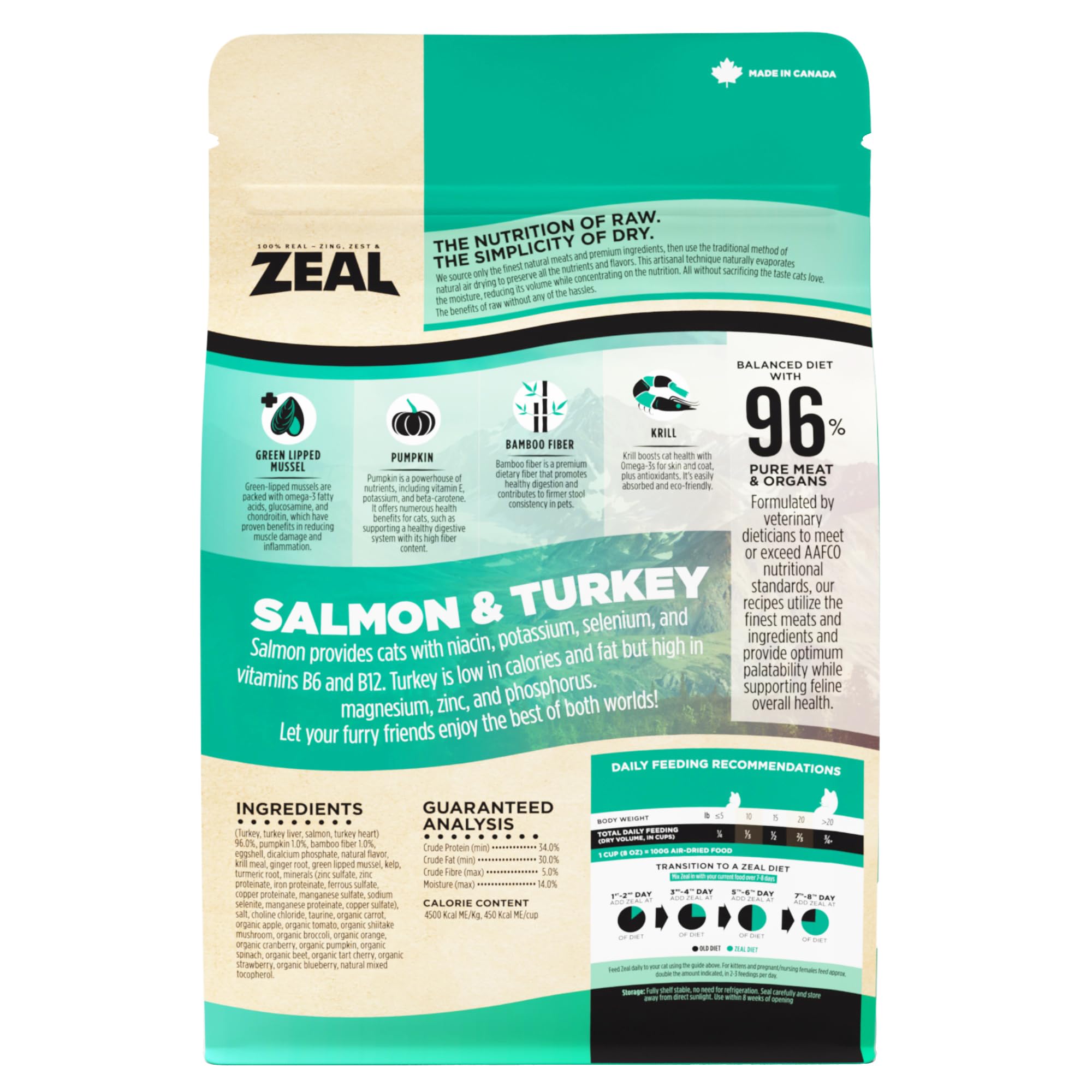 ZEAL Canada krill and greens mix illustrates added omega-3 and digestive-friendly superfoods.