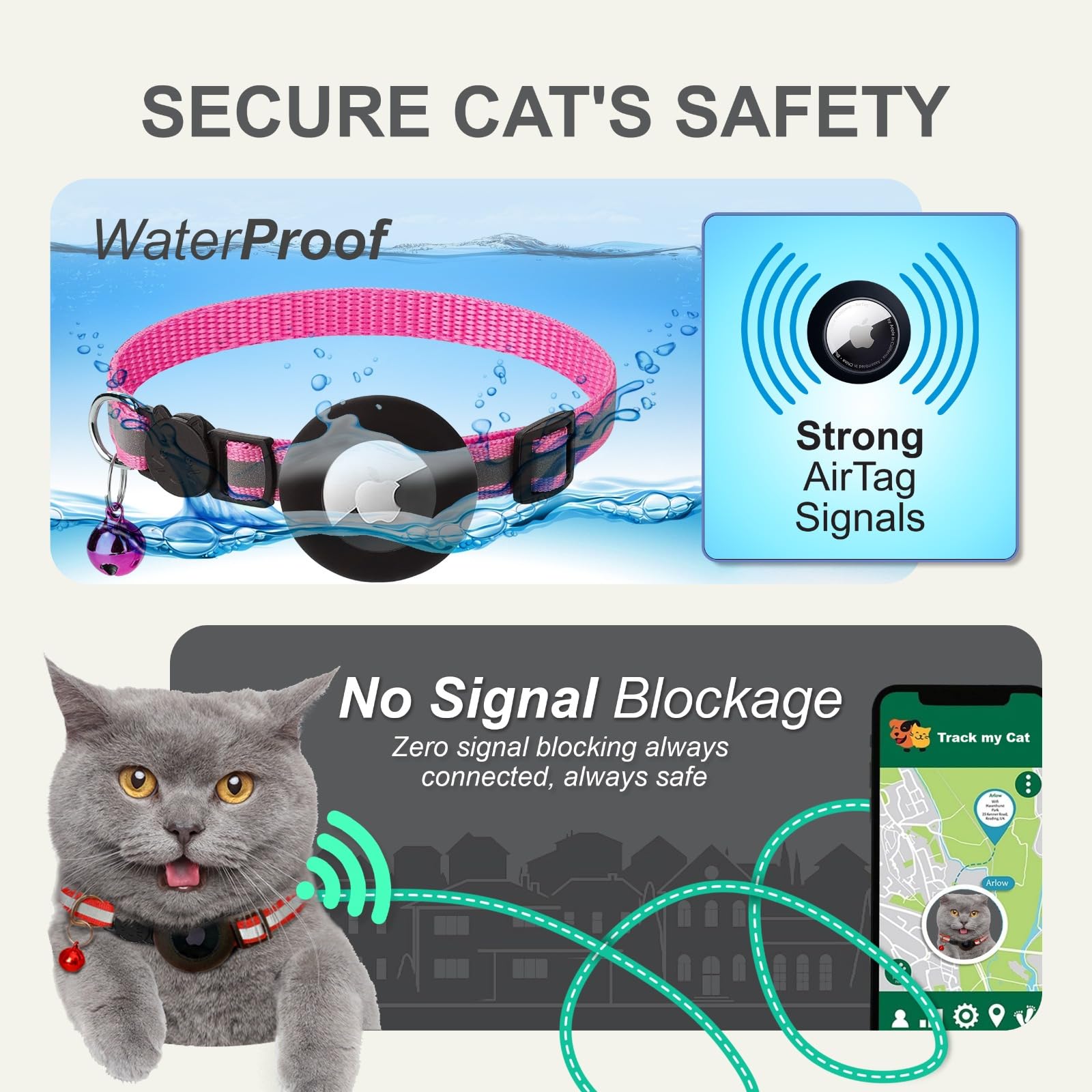 Zease airtag-holder-cat-collar-closeup-black demonstrates secure AirTag holder during active play.