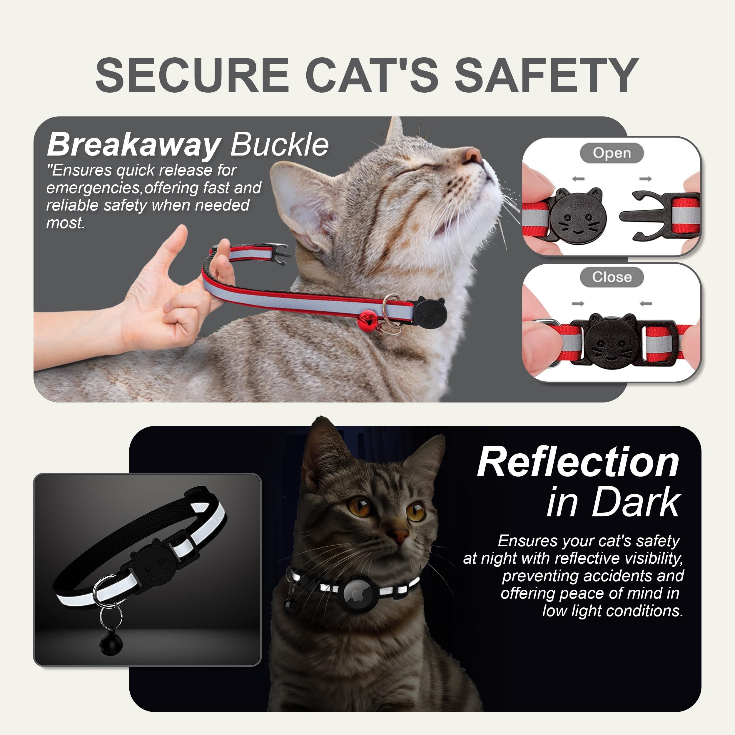 Zease apple-airtag-cat-collar-removable-bell-black adds audible alerts for indoor/outdoor use.
