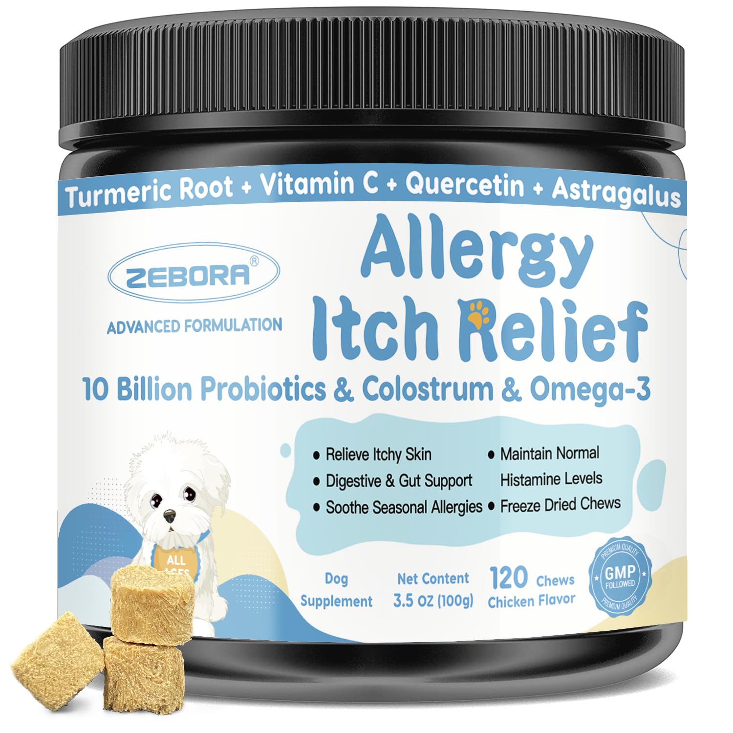 ZEBORA dog allergy relief chews bottle captures convenient, daily allergy support for dogs