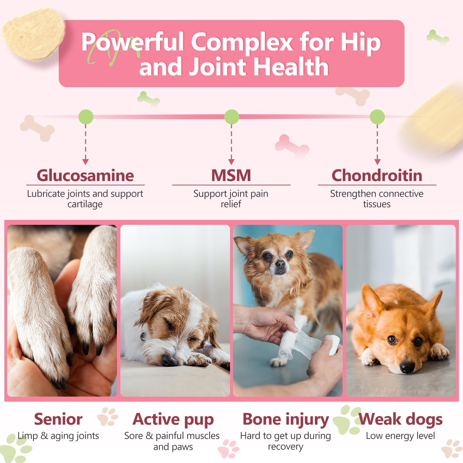 ZEBORA glucosamine dog chews close-up highlights ingredients for joint health and coat shine