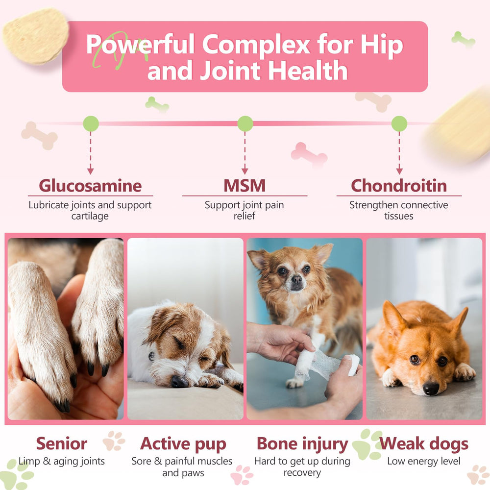 ZEBORA glucosamine dog chews close-up highlights ingredients for joint health and coat shine