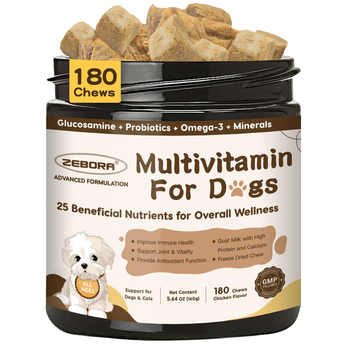 ZEBORA dog multivitamin packaging showing comprehensive nutrients for immune support