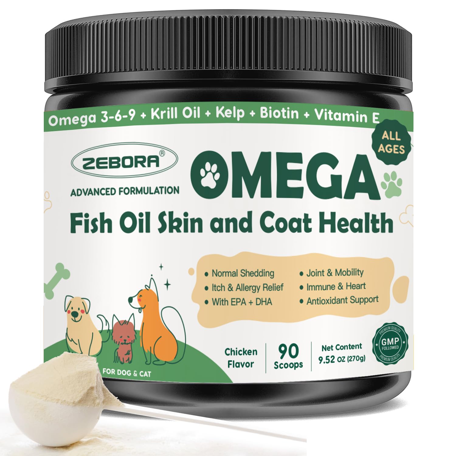 ZEBORA Omega-3 dog oil bottle close-up showing wild-caught source for healthy skin.