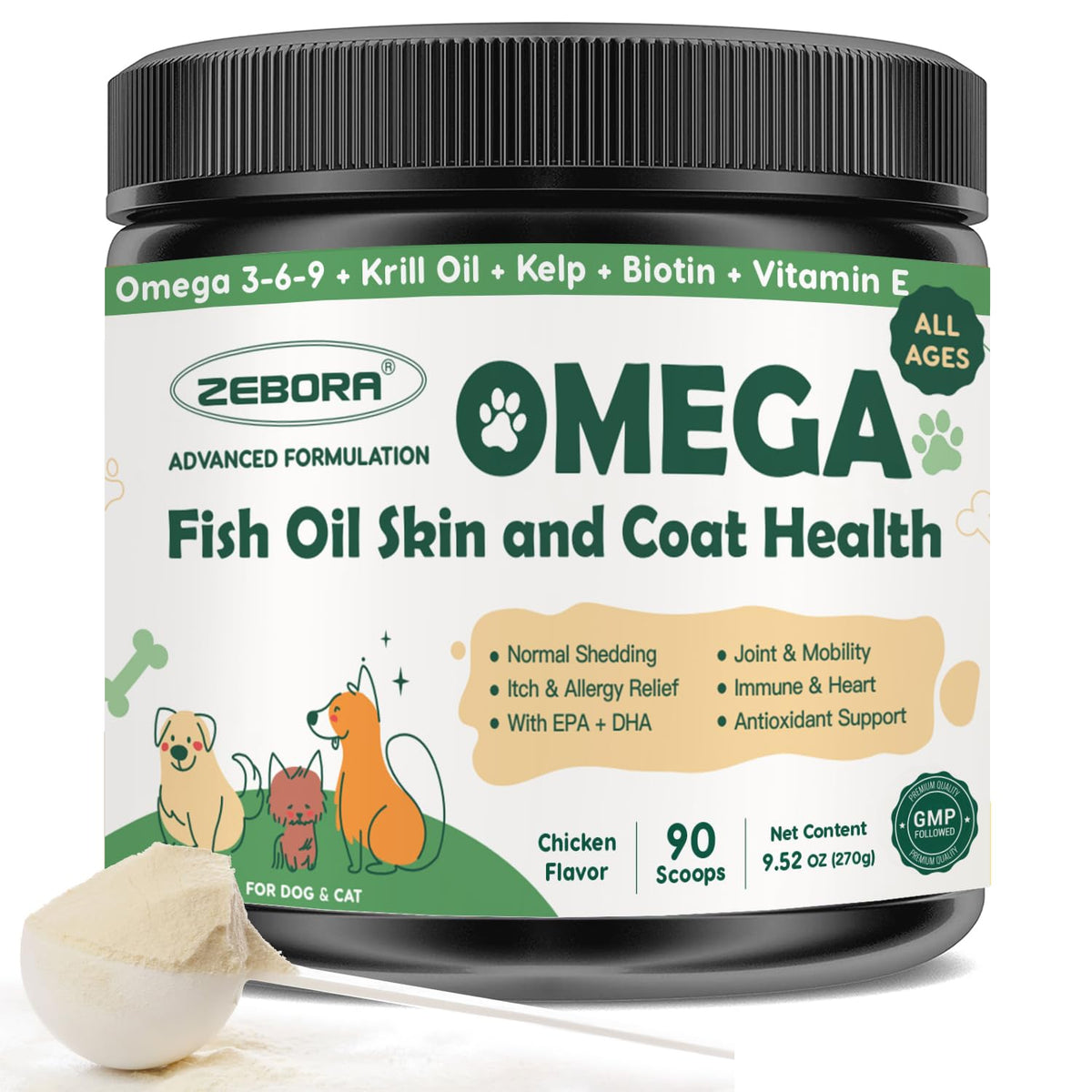 ZEBORA Omega-3 dog oil bottle close-up showing wild-caught source for healthy skin.