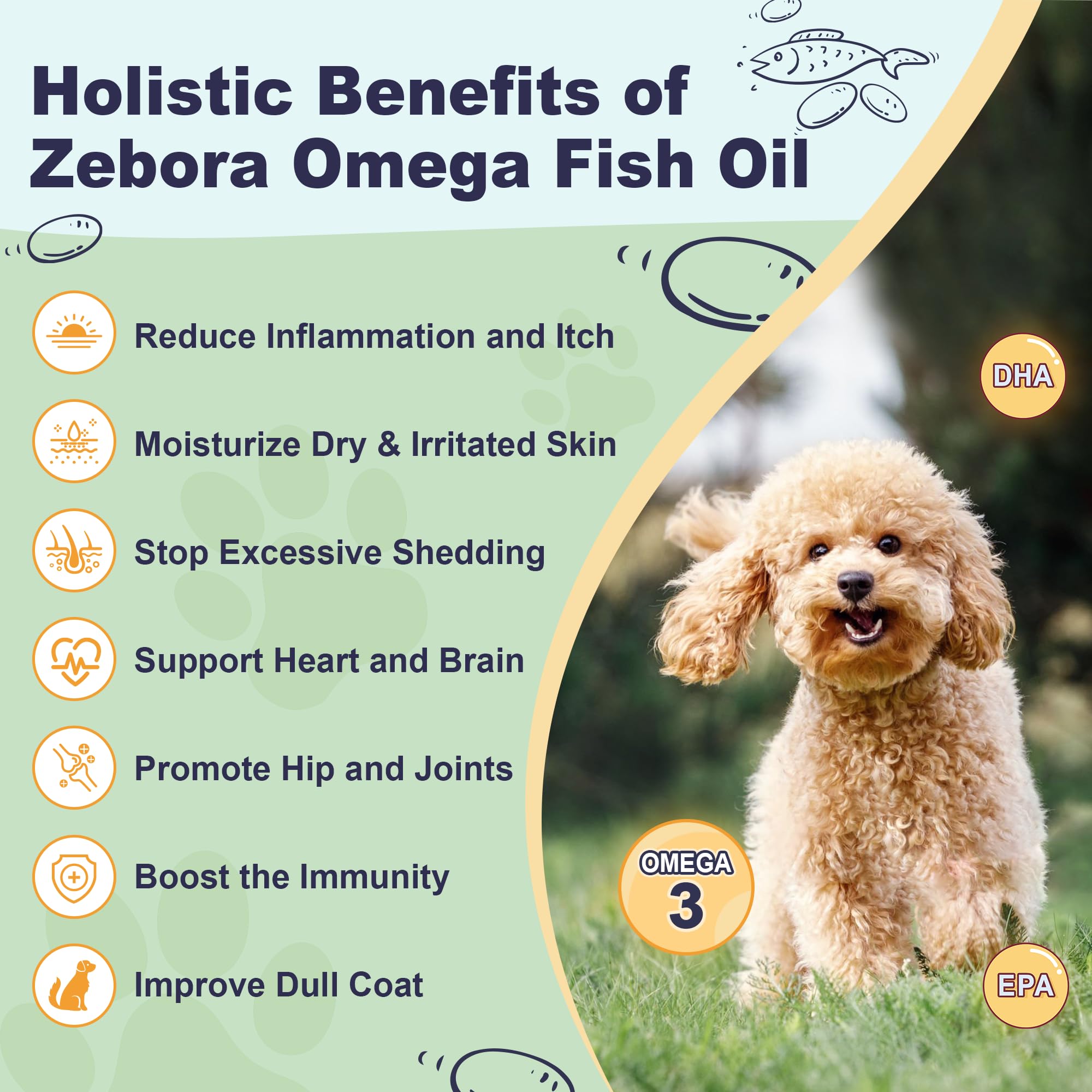 ZEBORA Omega-3 skin-coat-shine highlights smoother fur and comfort.
