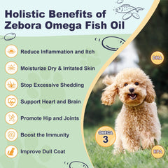 ZEBORA Omega-3 skin-coat-shine highlights smoother fur and comfort.