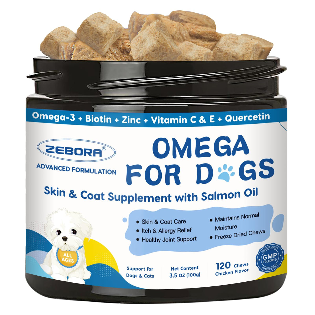ZEBORA Omega-3 for Dogs bottle with salmon oil promotes a healthy coat and skin