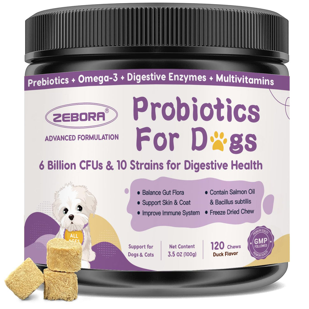 ZEBORA Probiotics for Dogs bottle-jar highlights 6B CFU and 10 strains for digestive support.