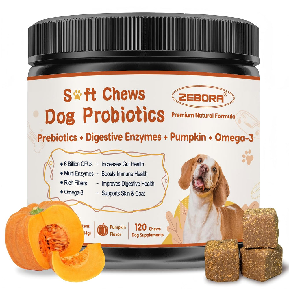 ZEBORA Probiotics for Dogs bottle shows soft chews for digestion and gut support.