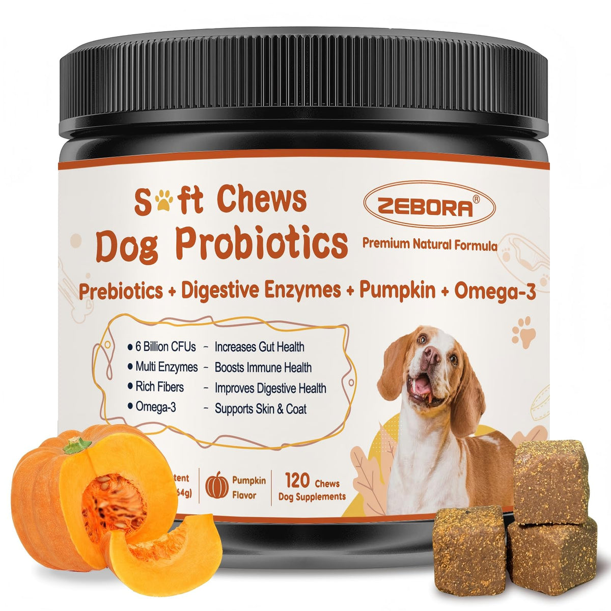 ZEBORA Probiotics for Dogs bottle shows soft chews for digestion and gut support.