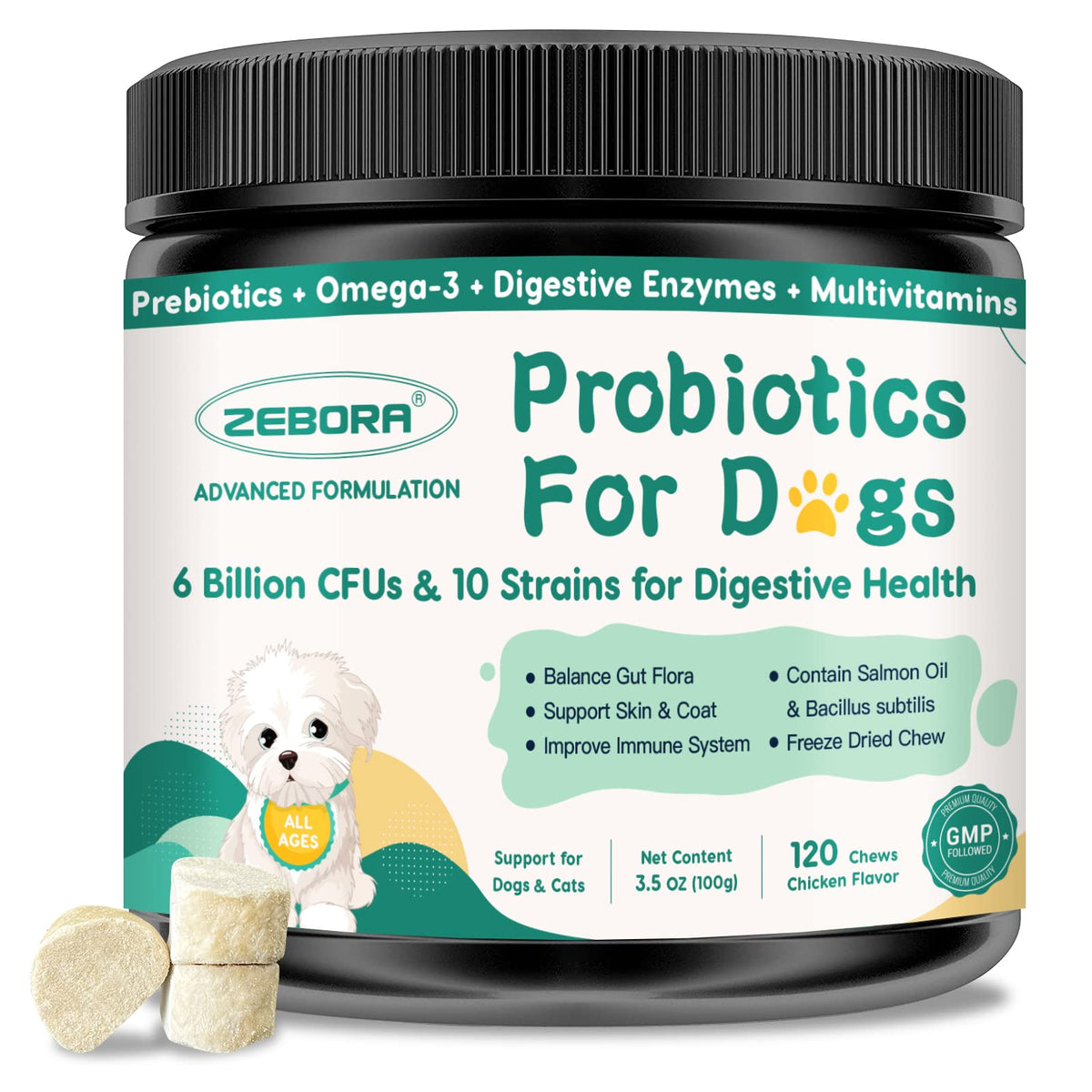ZEBORA Probiotics for Dogs chews pack for daily gut support