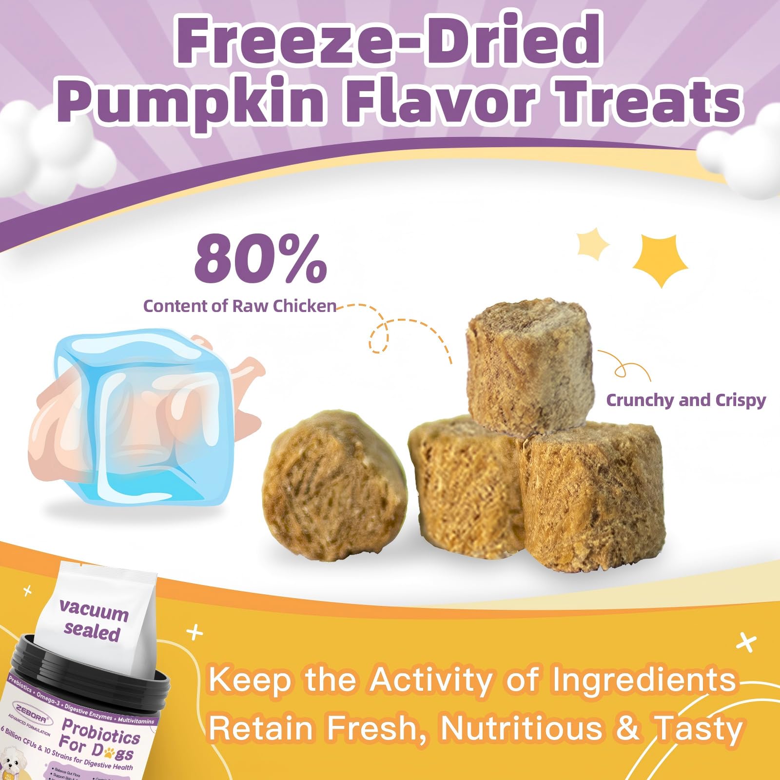 ZEBORA probiotics dogs chicken flavor image emphasizes real taste for easy daily use.