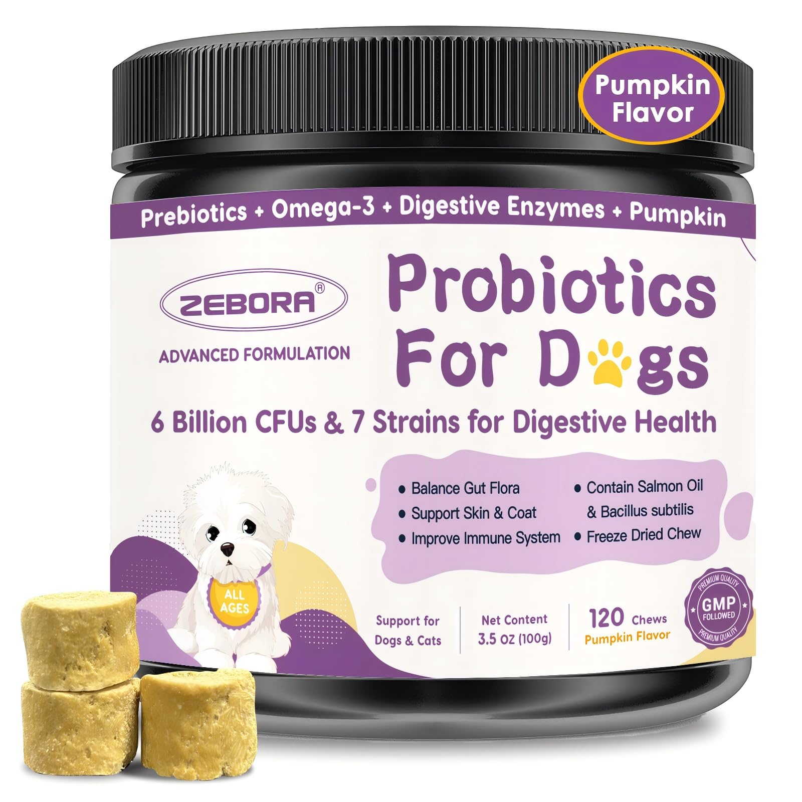 ZEBORA Probiotics for Dogs packaging shows digestive support in a vet-recommended bottle.