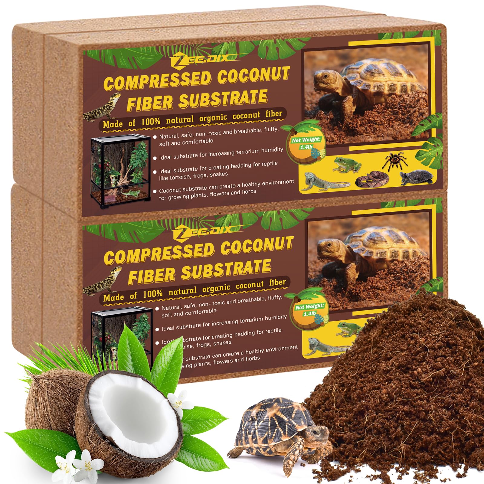 ZeeDix 4-pack coconut fiber substrate packaging ready for storage and terrarium bedding