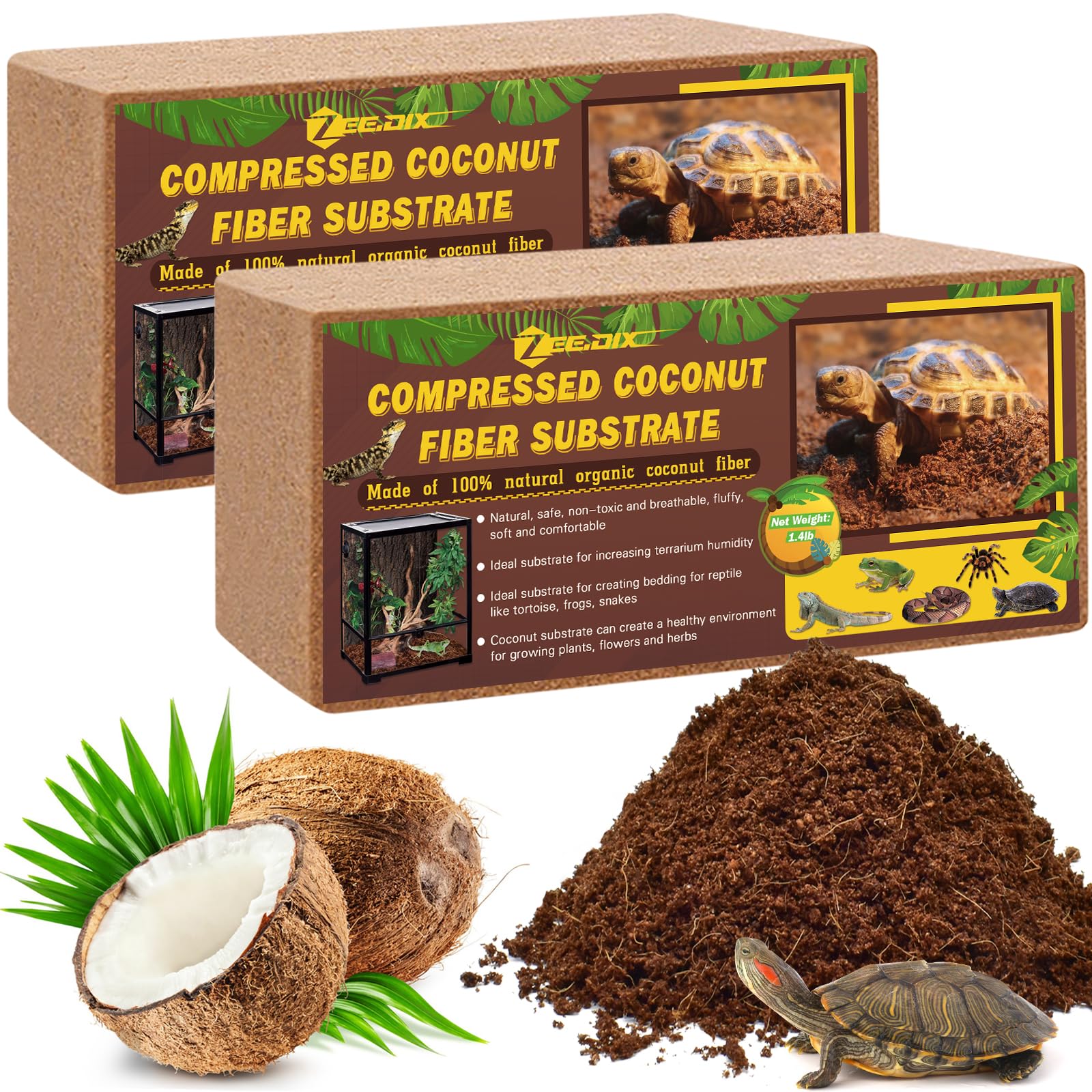 ZeeDix coconut fiber substrate brick-1 shows compact storage for reptile bedding