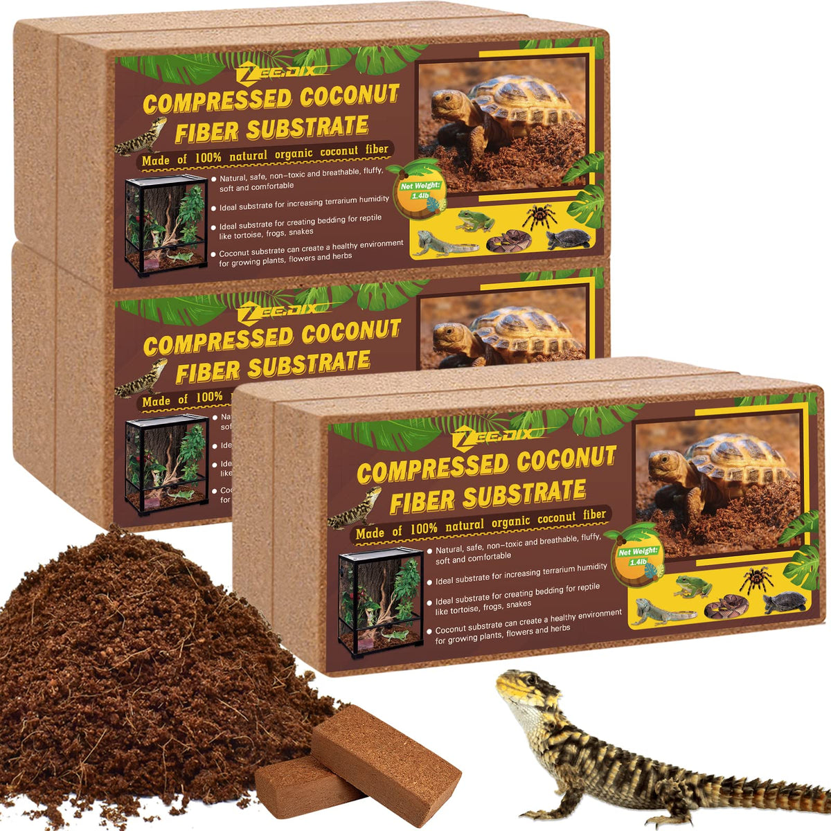 ZeeDix coconut fiber substrate pack bricks expanding in water for reptile bedding