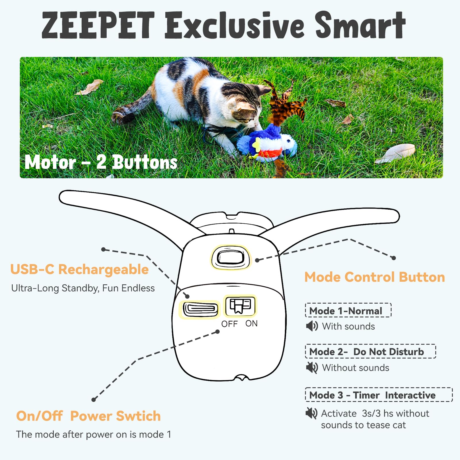 Zeepet flapping bird toy natural feathers close-up promotes safe, vigorous play