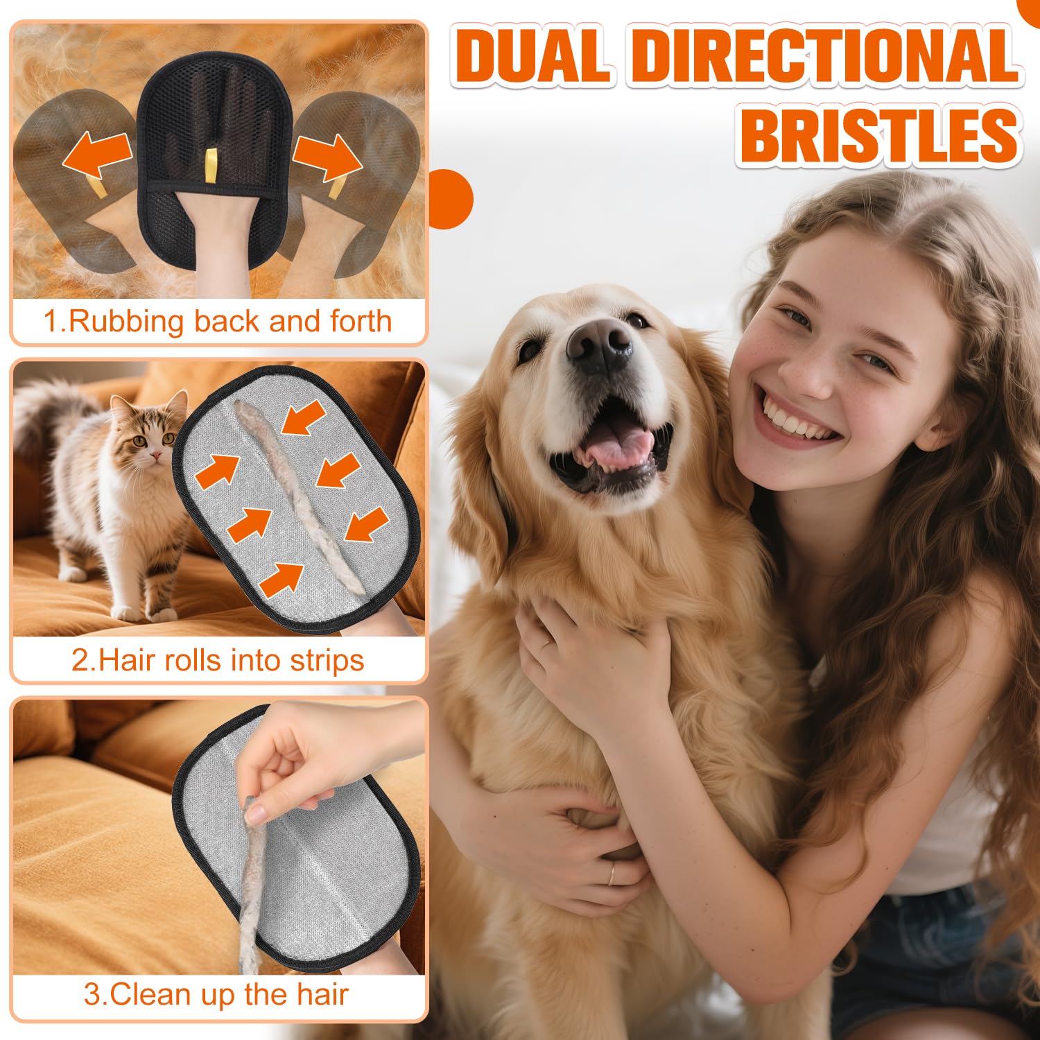 Zehrai Pet Hair Removal Glove static technology lifts hair from fabrics.