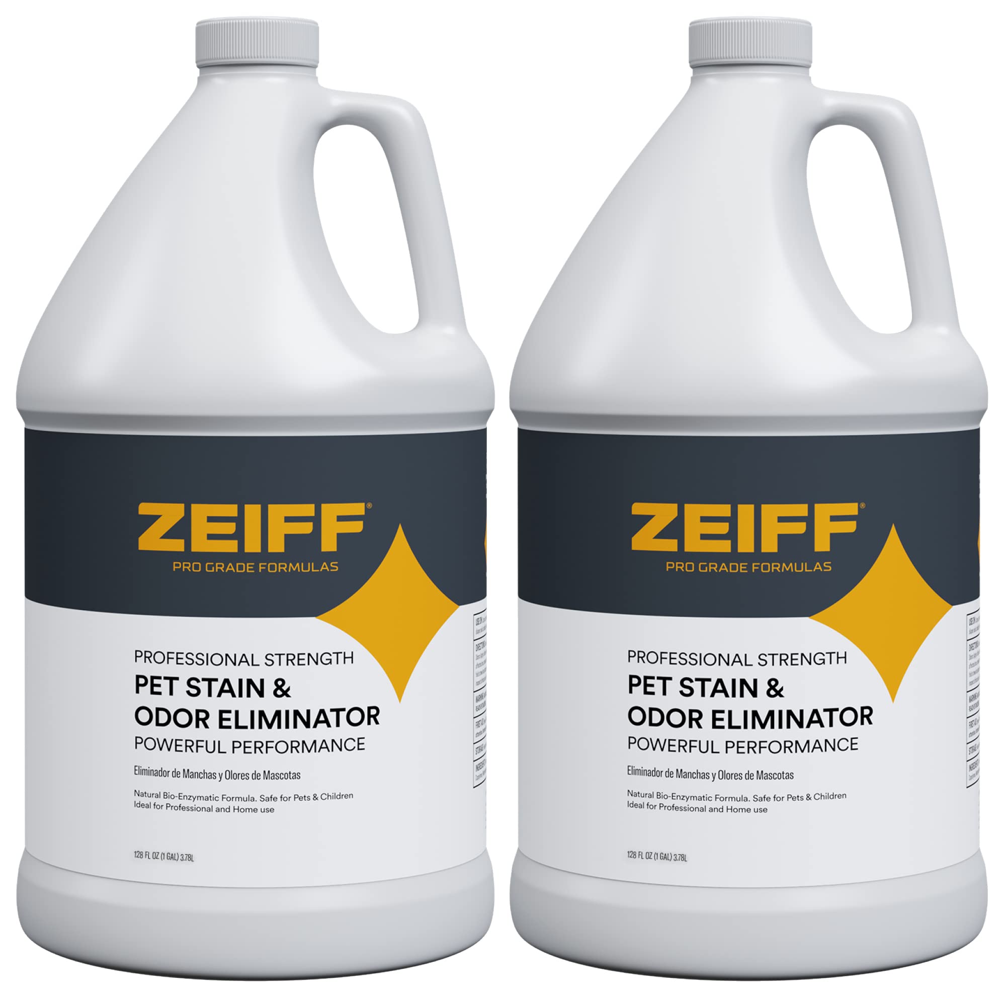 Zeiff Pet Stain & Odor Remover front label demonstrates enzyme action against tough odors.