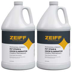 Zeiff Pet Stain & Odor Remover front label demonstrates enzyme action against tough odors.