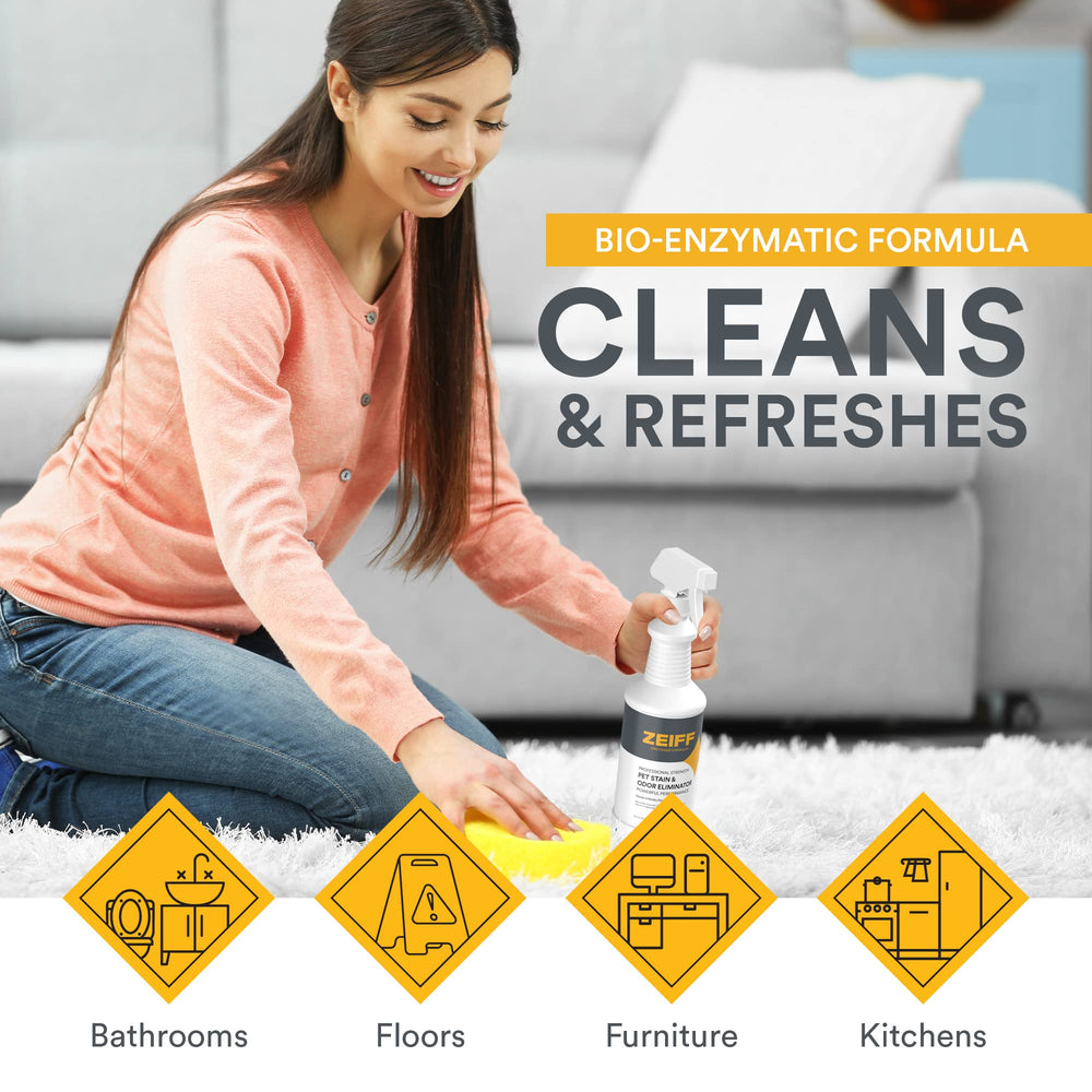 Zeiff Pet Stain & Odor Remover enzymes graphic highlights stain breakdown.
