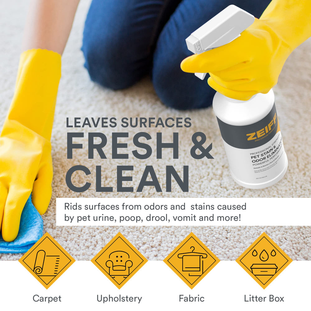 Zeiff Pet Stain Remover on upholstery demonstrates fabric-safe cleansing.