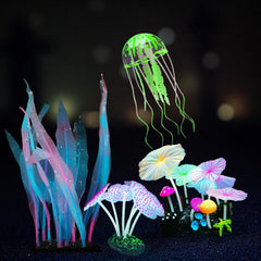 Zeiwysi jellyfish decor in aquarium glows under blue light for vibrant scenery.
