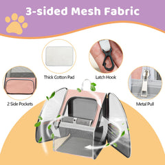 ZEJOROSE cat backpack carrier—front window close-up highlighting pet peeking during travel for enrichment.