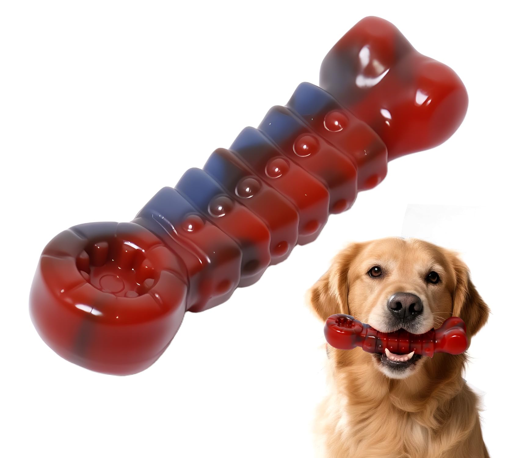 ZeLing HTL tough dog toy bone with bacon coating attracts dogs for extended play.